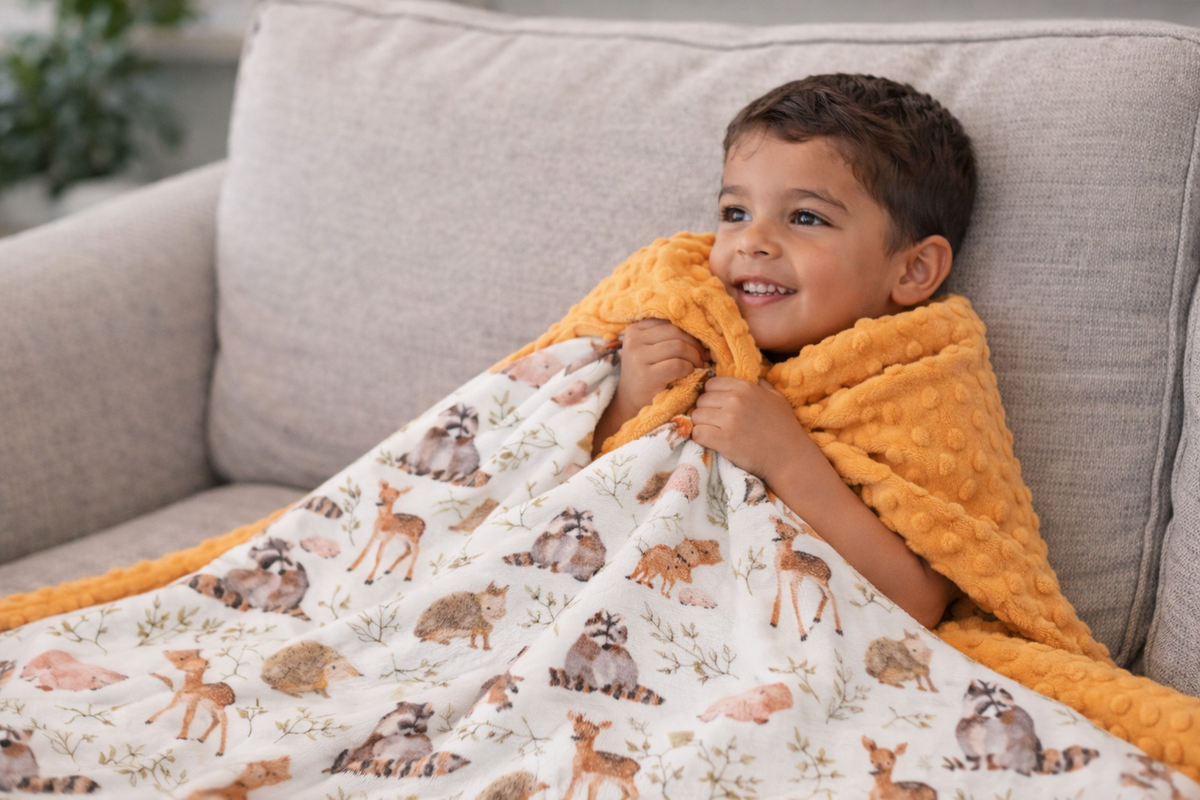 Child wrapped in soft forest friends minky blanket with watercolor animal print and orange dotted border.
