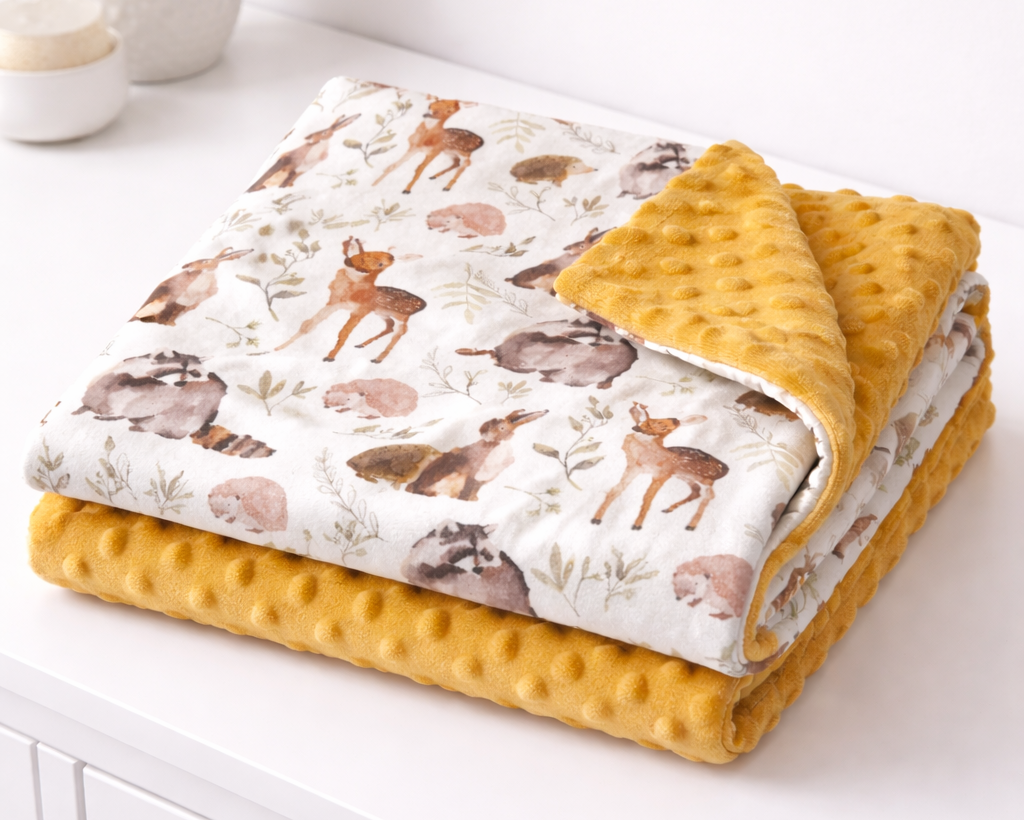 Soft yellow minky blanket folded to show watercolor forest animal print top and plush dotted texture bottom.