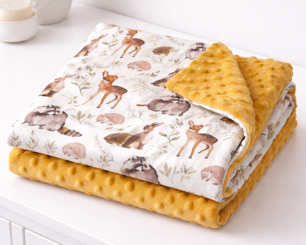 Soft yellow minky blanket folded to show watercolor forest animal print top and plush dotted texture bottom.