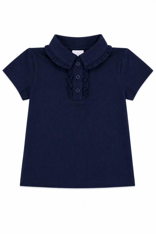 Navy girls short sleeve polo shirt with feminine ruffle trim on the collar and button placket for polished school style.
