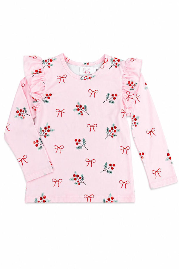 Pink long sleeve ruffle tee with red berry sprigs and bow print, perfect for layering or wearing with skirts and leggings.