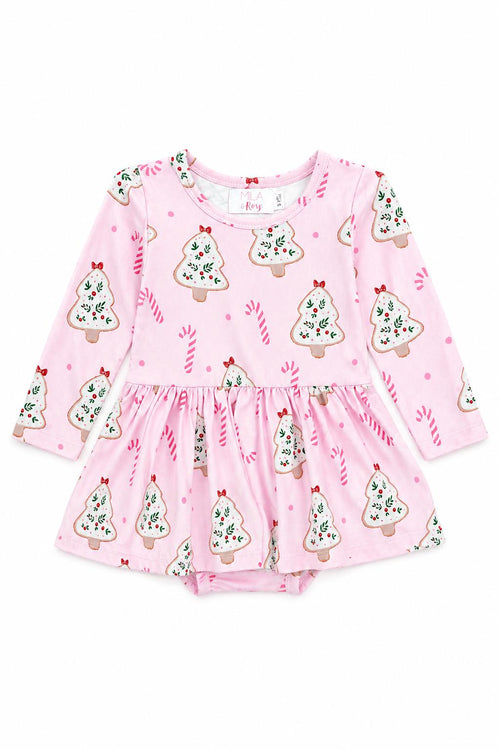 Pink Christmas cookies long sleeve twirl bodysuit featuring树 cookie and candy cane print with snap closure for babies.