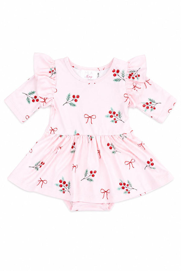 Pink baby bodysuit with winter berry print, flutter sleeves, and twirl skirt. Snap closure for easy diaper changes.