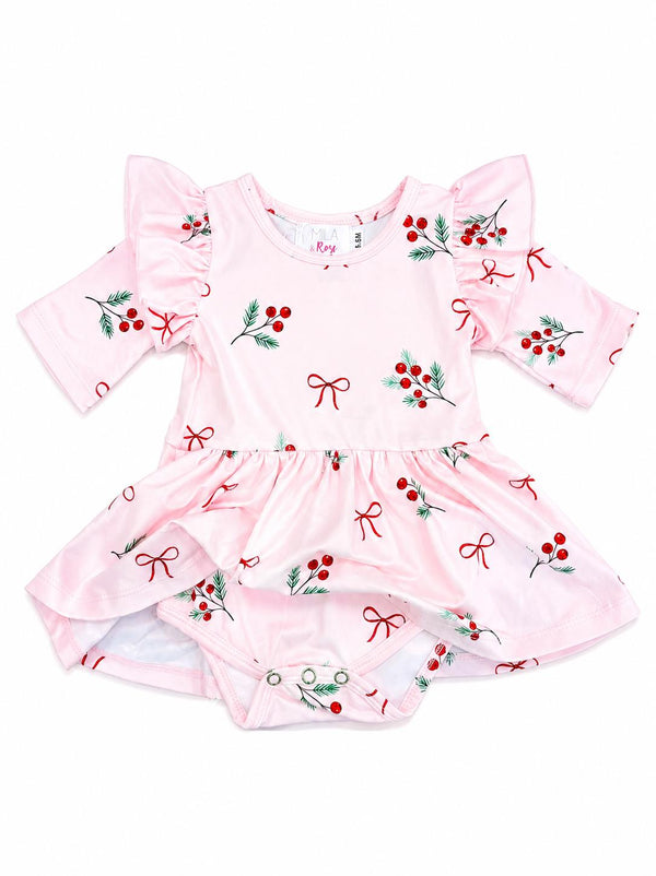 Pink winter berries 3/4 sleeve flutter twirl bodysuit for babies with snap closure and festive berry print.