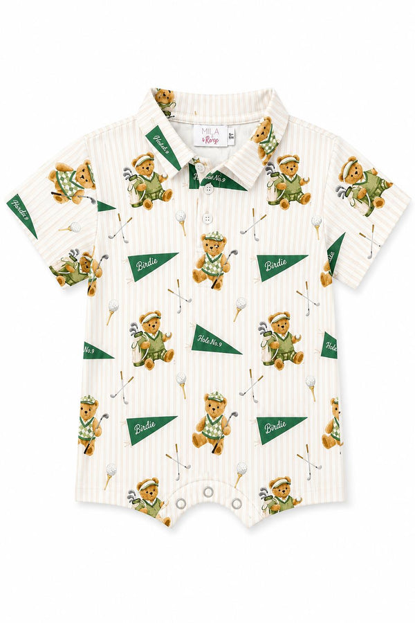 Golfing Bears Polo Shorty One-Piece for babies with golf bear print and snap closures.