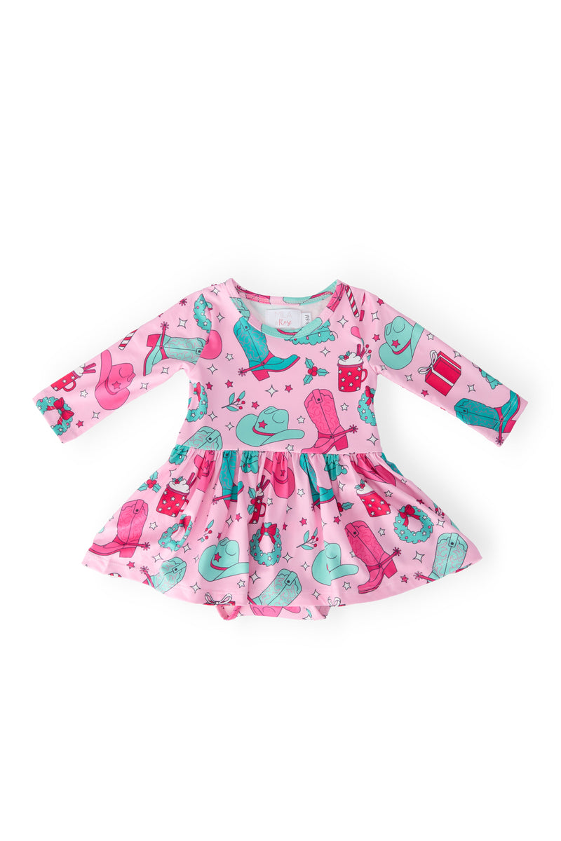 Christmas Cowgirl Long Sleeve Twirl Bodysuit in pink featuring playful designs of festive cowgirl themes, perfect for holiday celebrations.