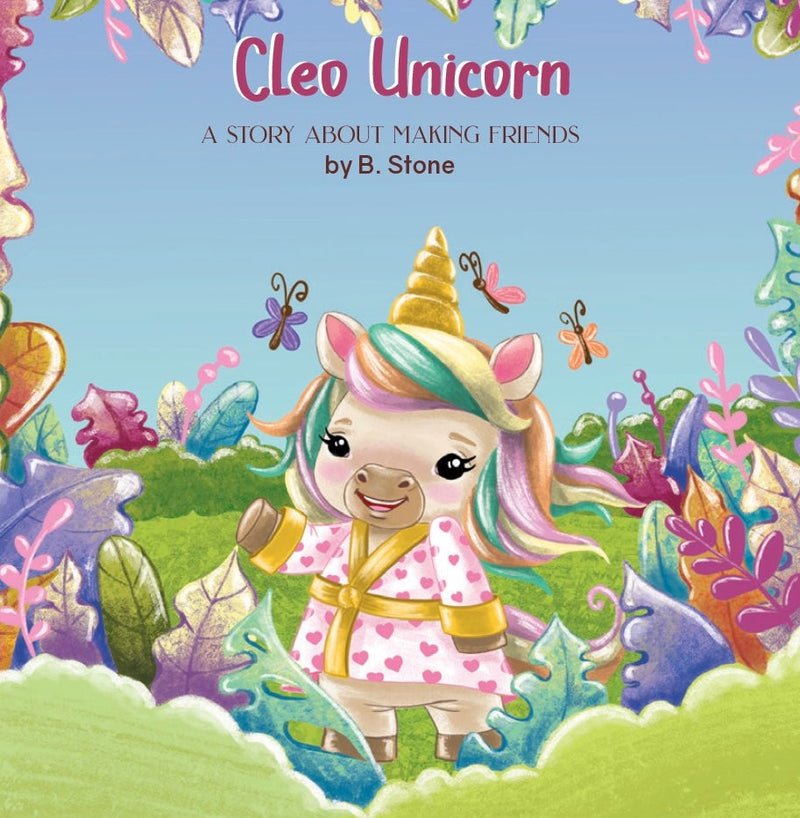 Cleo Unicorn Board Book by Goosewaddle® featuring a whimsical illustration of Cleo, the beautiful unicorn with a sparkling white coat, a rainbow mane, and a shiny golden horn, perfect for young readers.