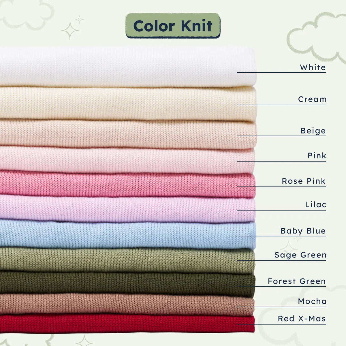 Vertical stack of folded knit fabric swatches showing color chart labels for various sweater shades