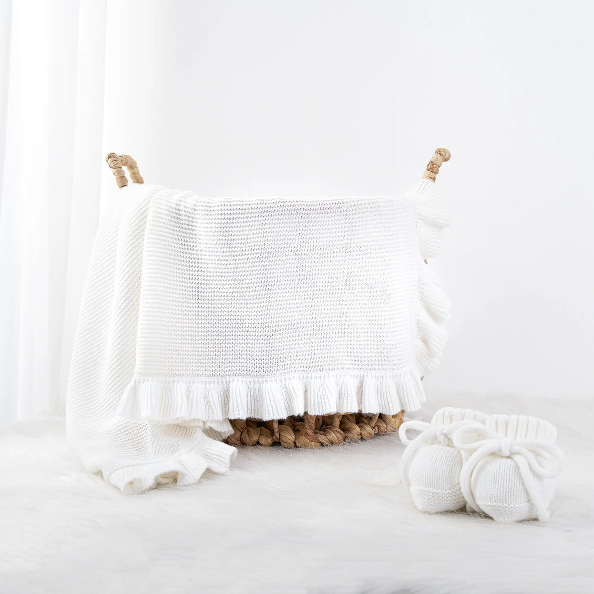 Ruffled Edge Knit Baby Toddler Blanket in Timeless Wentworth White