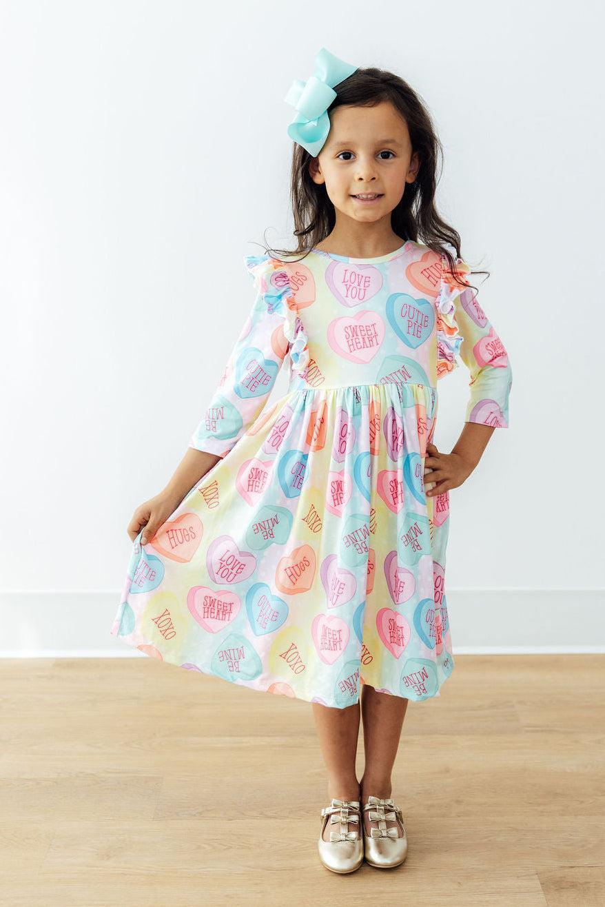 Conversation Hearts 3/4 Sleeve Ruffle Twirl Dress for Girls - The Palm Beach Baby Mila & Rose ®