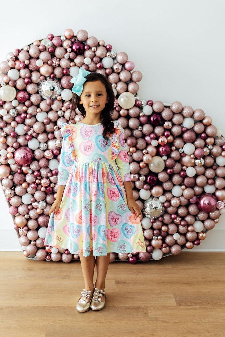 Conversation Hearts 3/4 Sleeve Ruffle Twirl Dress for Girls - The Palm Beach Baby Mila & Rose ®