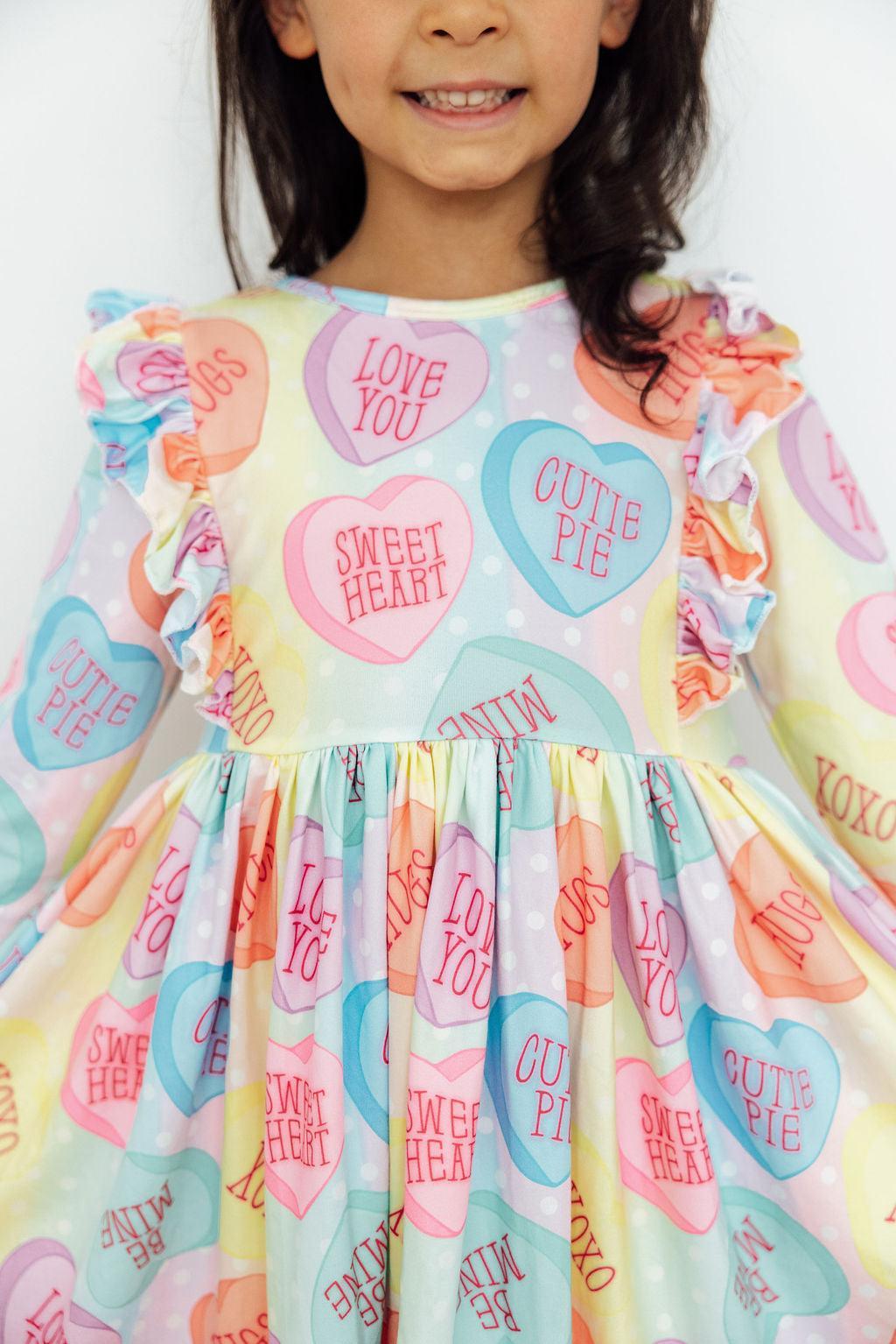 Conversation Hearts 3/4 Sleeve Ruffle Twirl Dress for Girls - The Palm Beach Baby Mila & Rose ®