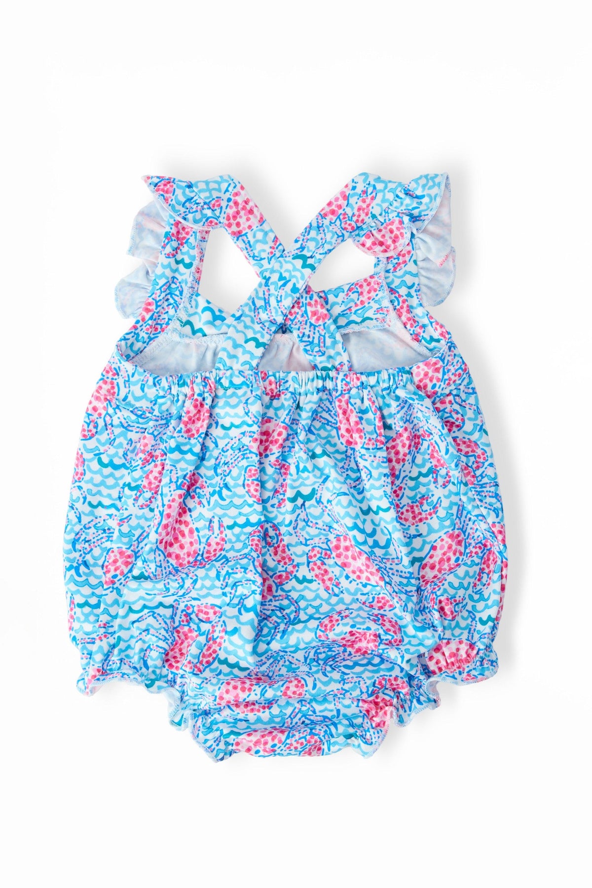 Crab Walk Ruffle Cross Back Romper in blue-pink crab print with crisscross back straps and ruffled shoulders