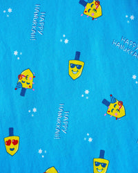 Blue fabric pattern for Lovin' Dreidels A-Line Dress 2-9 years with yellow dreidels, stars, and 'Happy Hanukkah' text
