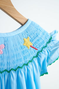 Blue Fairy Hand Smocked Dress For Girls Bishop Neck - Whimsical Comfort - The Palm Beach Baby