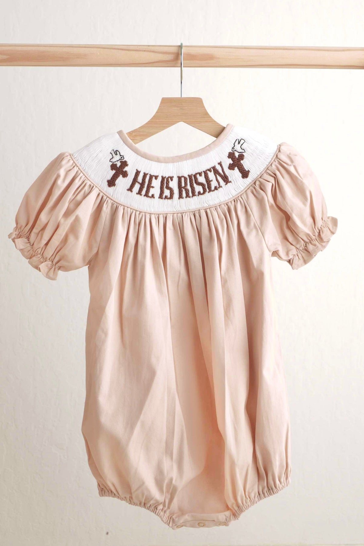 Khaki he is risen hand smocked girl bubble