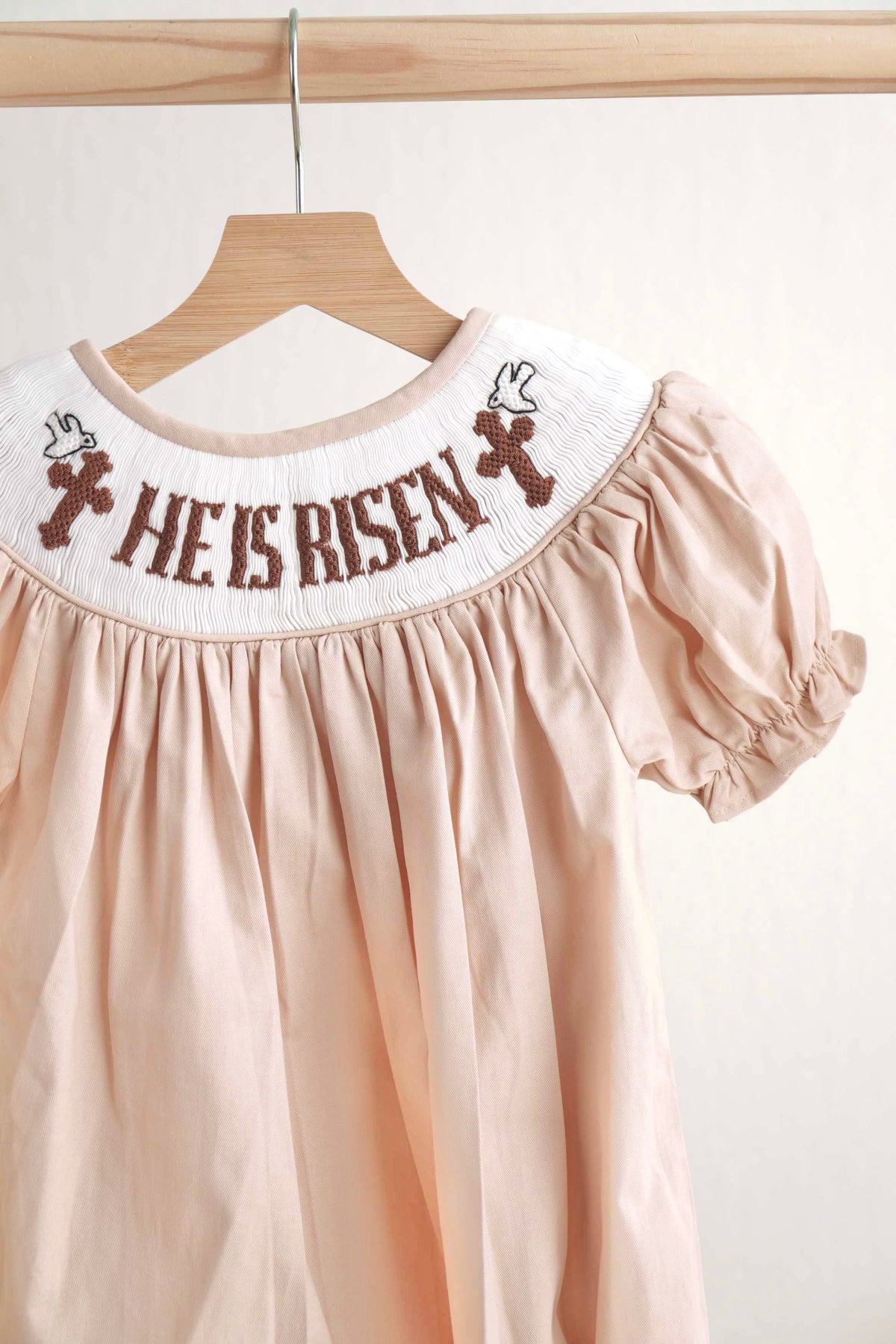 Khaki he is risen hand smocked girl bubble