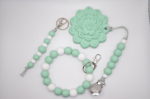 Mommy and Me Bundle Baby Teether Gift Set // Aqua Succulent - The Palm Beach Baby
