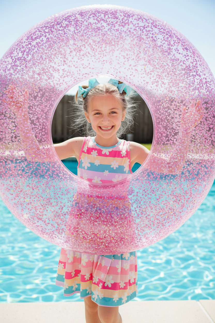 Child in a colorful dress holding a large inflatable ring against a teal background