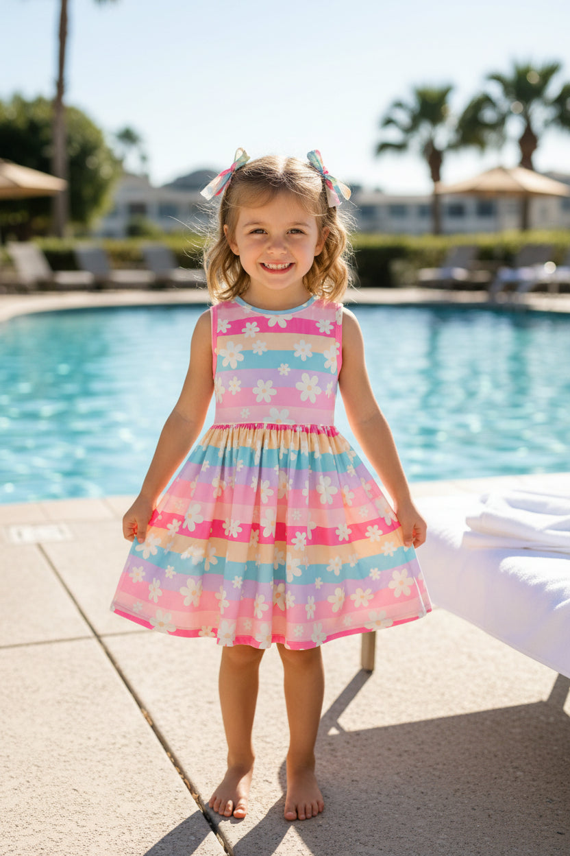 Pastel-colored dress with floral pattern on a blurred background