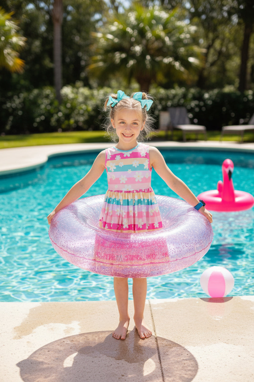 Young girl in a colorful dress holding an inflatable ring on a turquoise background