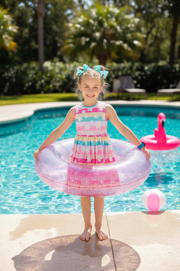 Young girl in a colorful dress holding an inflatable ring on a turquoise background