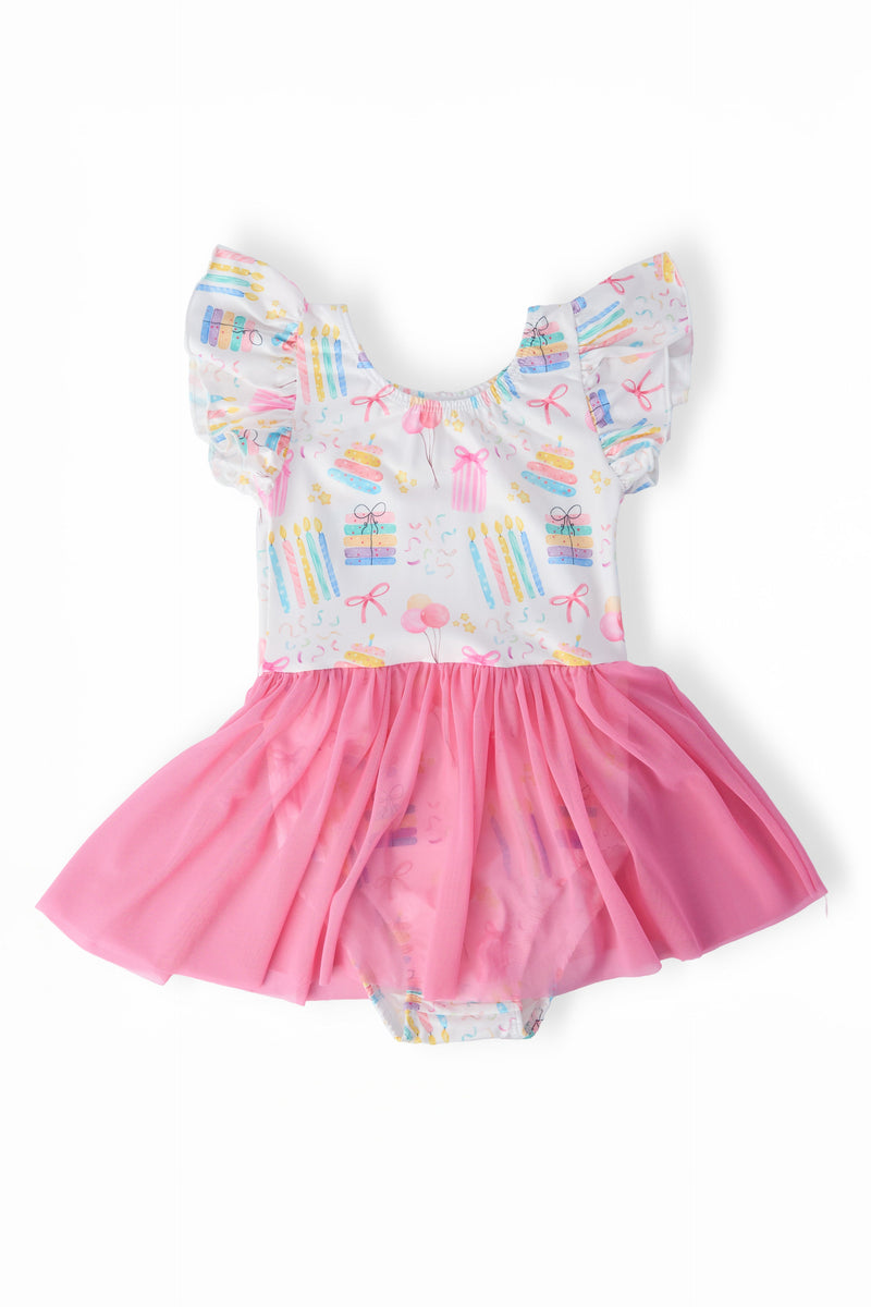 Dance Party Short Sleeve Twirl Leotard with pastel cake and candle print and pink tutu skirt.