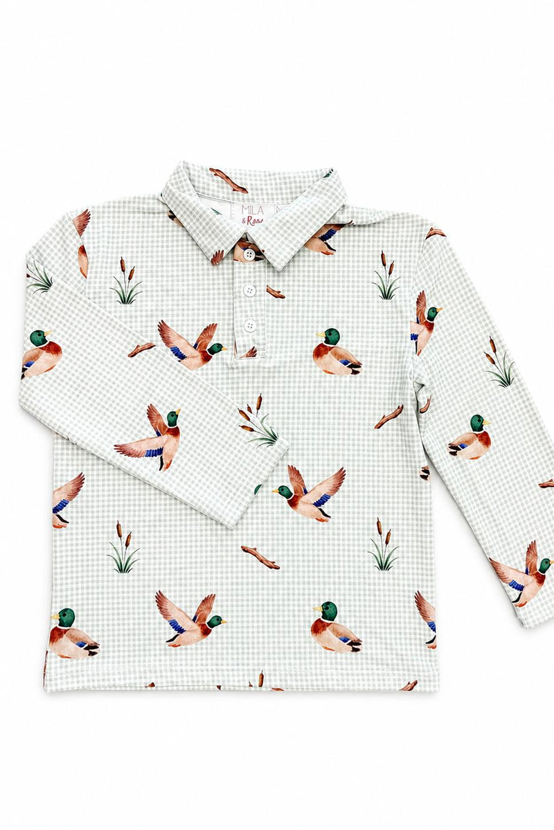 Duck Pond Long Sleeve Polo with a duck pattern on pale check fabric.