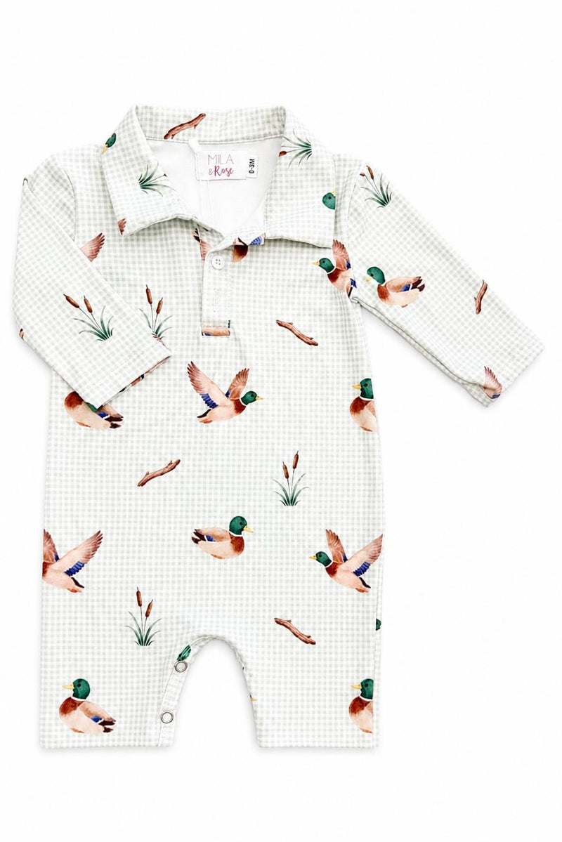 Duck pond print long-sleeve polo onesie for boys with snap closures and pale gingham fabric.