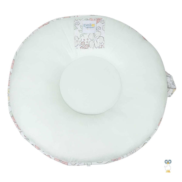 Goosewaddle white and pastel floral round floor cushion made of soft fabric for comfortable seating