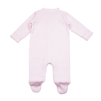 Back view of a pink hand-smocked baby footie with covered feet and delicate cuff detailing, crafted from soft Pima cotton.