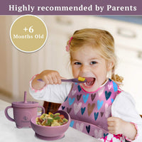 Texas Beauty & Health Gentle Heartfelt Petal | Earth Pink Silicone Baby Feeding Set for Boys | Suction Bowl, Divided Plate, Bib, Cup, Spoon, and Fork