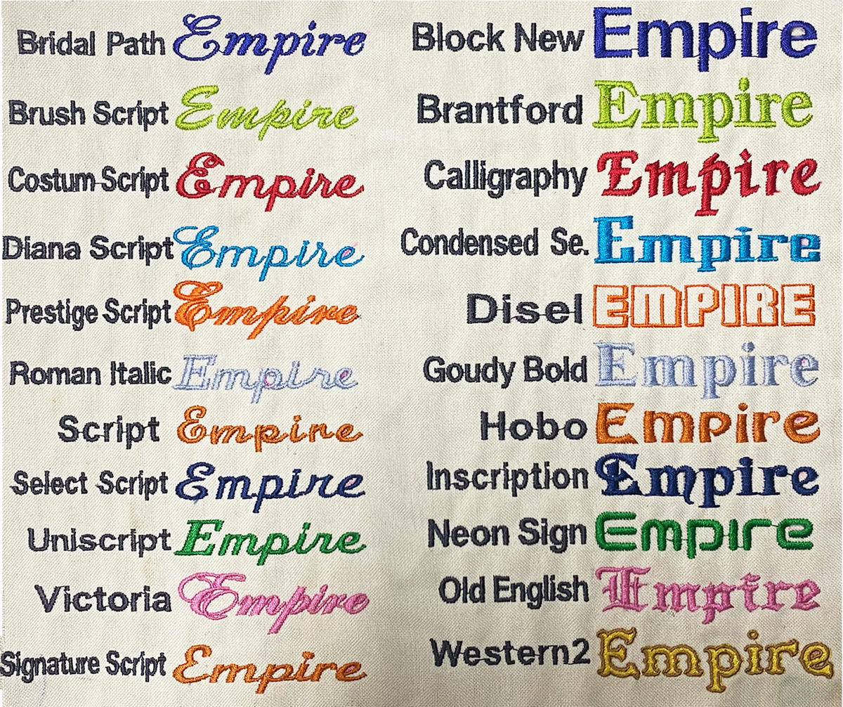 Embroidered font samples displaying the word Empire in various colorful styles and scripts like Bridal Path, Brantford, and Calligraphy on fabric.