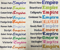 Embroidered font samples displaying the word Empire in various colorful styles and scripts like Bridal Path, Brantford, and Calligraphy on fabric.
