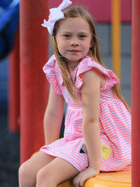 Back view of the Girls Back To School Dresses - Ruffle Bow Pencil Twirl Dress, emphasizing the ruffle design and stylish cut.