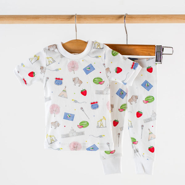 Oklahoma Kids Organic Cotton Pajama Set in white rib fabric with Route 66, strawberries, watermelons.