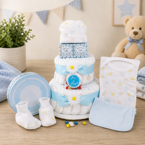 Three-tiered diaper cake with baby items on a wooden surface, including socks and a blanket.