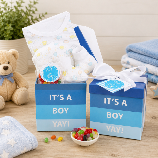 Baby shower gift set for a boy with teddy bear, candy, and baby items on a wooden surface.
