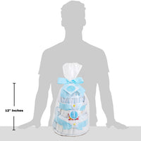 Diaper cake with baby shower decorations shown next to a silhouette of a person for scale.
