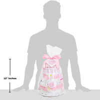 Silhouette of a person wearing a baby shower gift bag with measurements indicated.