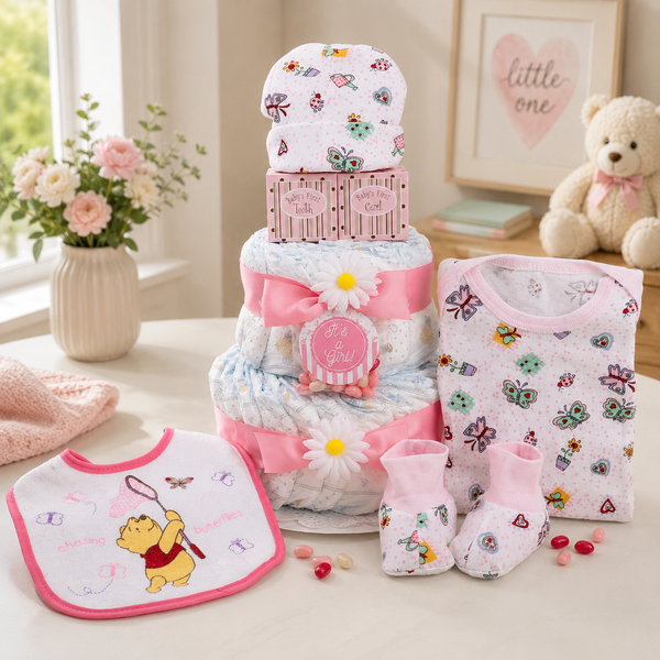Baby gift set with diaper cake, bibs, booties, and other items on a table.