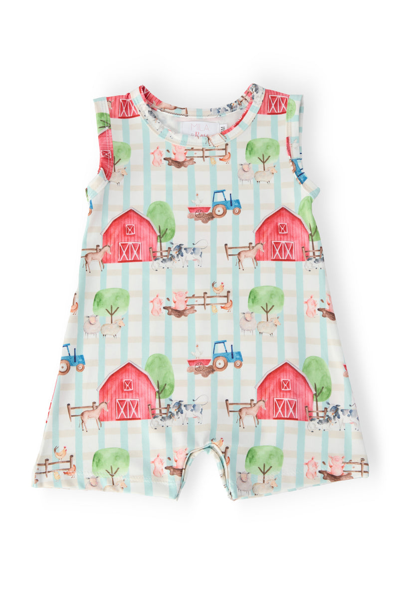 Farm Animals Shorty One-Piece romper with red barns, tractors and animals on pastel striped background.