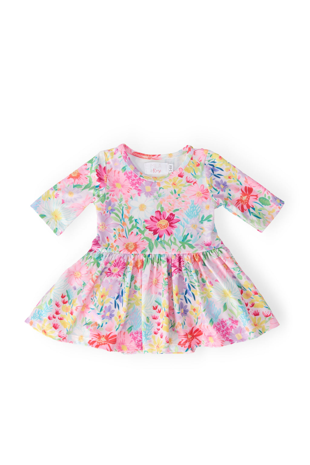 Adorable baby in a Field of Flowers 3/4 Twirl Bodysuit, showing off its fun floral print while twirling for playful moments.