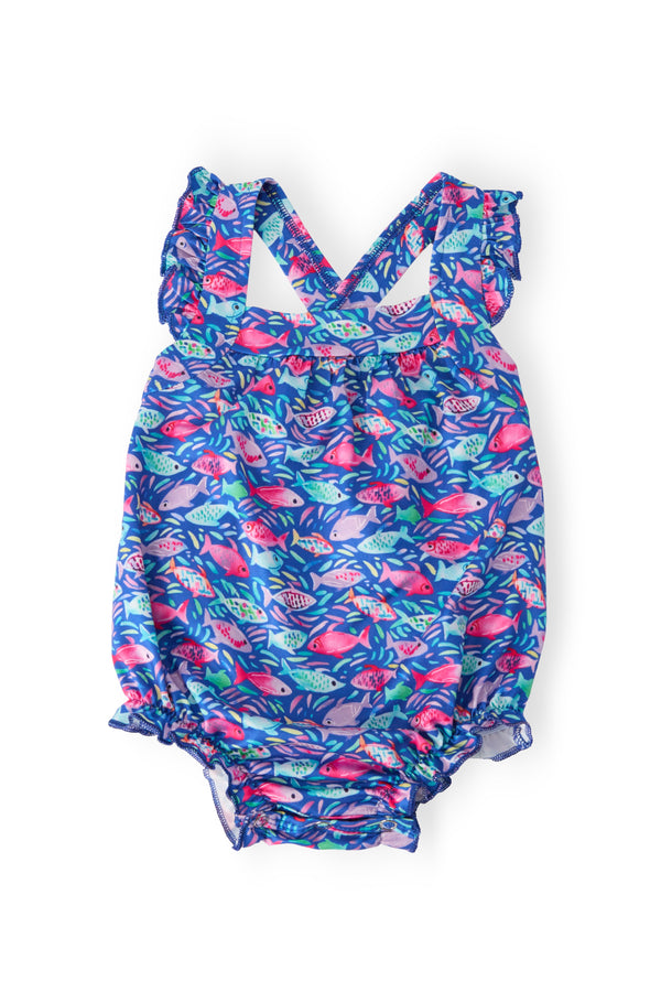 Fish in the Sea Ruffle Cross Back Romper with bright fish print and ruffle shoulders.