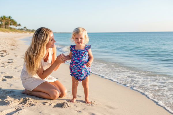 Colorful fish-patterned swimsuit on a white background