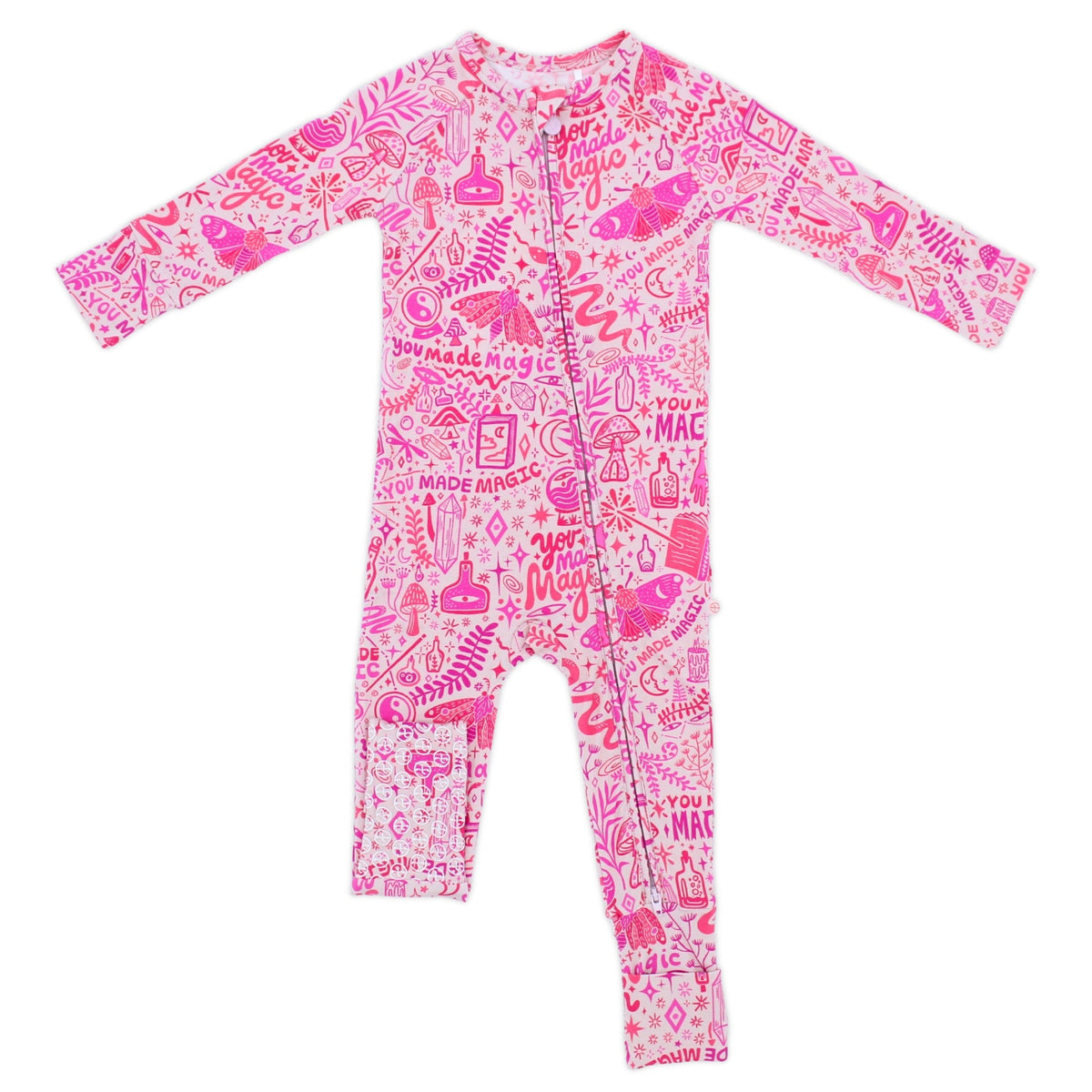 The Second-Skin Convertible Romper in Pink Mystic Mama print with zip-front, footed baby onesie.