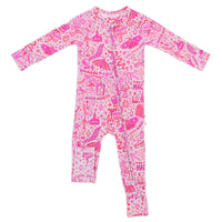 The Second-Skin Convertible Romper in Pink Mystic Mama print with zip-front, footed baby onesie.