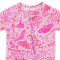 The Second-Skin Convertible Romper in Pink Mystic Mama print with zip front, buttery Raising Mama® viscose from bamboo.