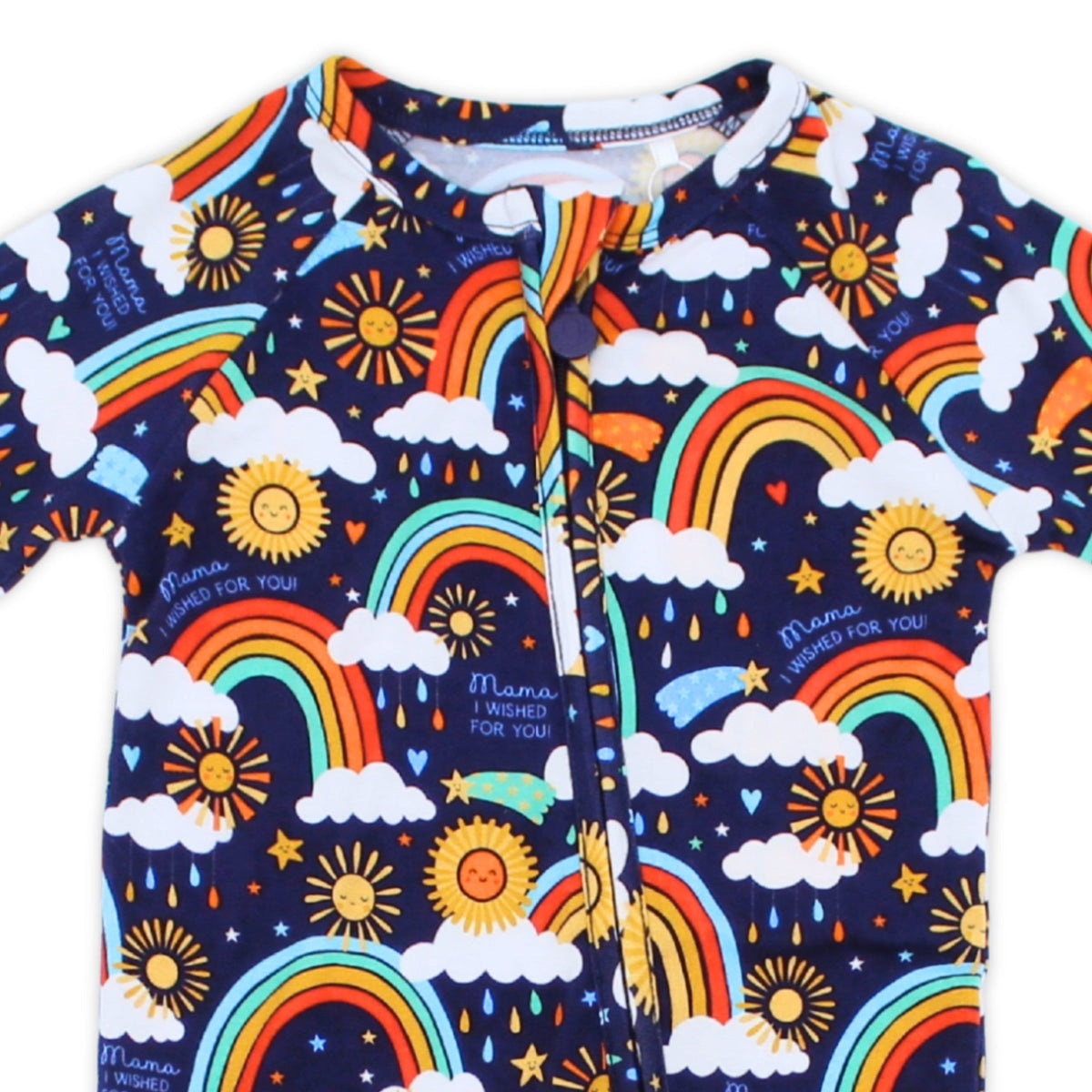 The Second-Skin Convertible Romper in Here Comes Sunshine Blue with rainbow sun clouds print, zippered, two-way.