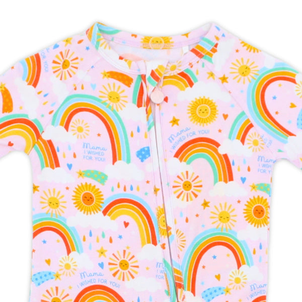 Close-up detail of the fabric of The Second-Skin Convertible Romper for Toddlers | Here Comes the Sunshine, illustrating the softness of this convertible romper for toddlers.